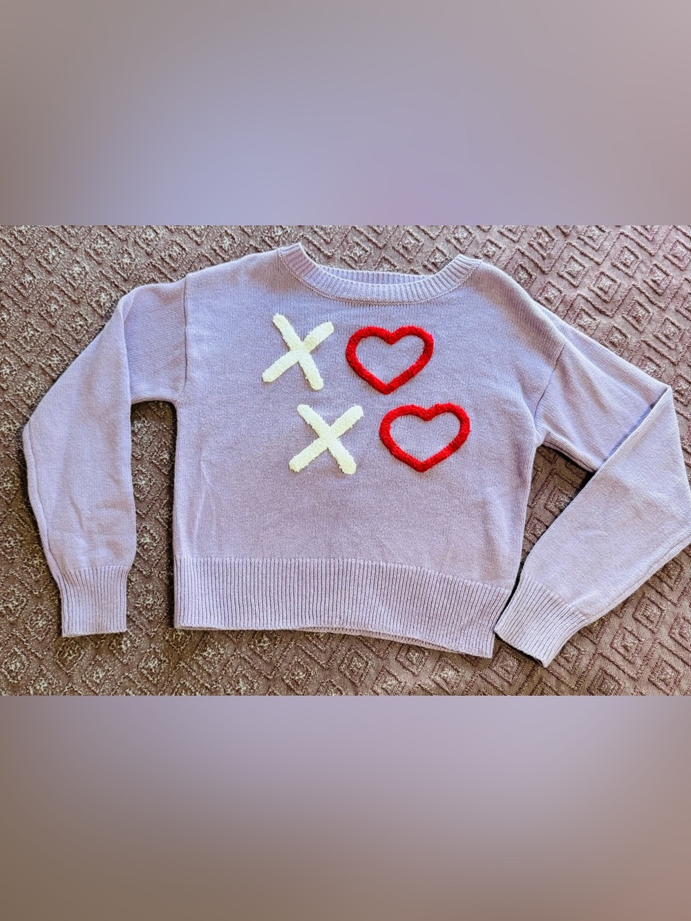 art class Lavender Sweater with Red Hearts and White X Accents Size 7/8